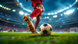 © Jasper - An action image of a soccer player kicking a soccer ball in the stadium with the aim to score a goal, The football player is ambitious to score the goal and escape from competitors