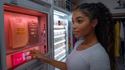 a woman is looking at a vending machine that has a sign that says 