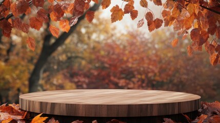 Poster - Wooden podium set against an autumn backdrop with space for copy or design elements