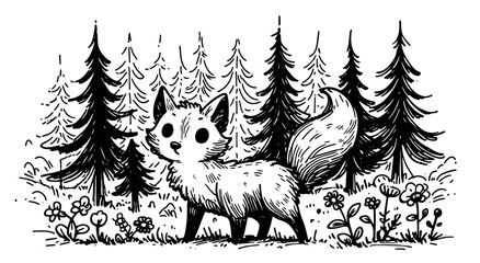 Sticker - delightful hand-drawn fox character exploring a serene forest landscape black vector