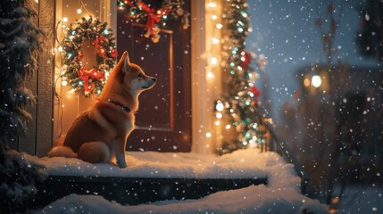 Poster - A fluffy dog sits quietly on a snow-covered porch, surrounded by festive wreaths and twinkling lights, as snowflakes gently fall during a tranquil winter evening, creating a cozy holiday atmosphere.