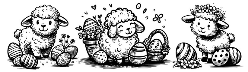 Wall Mural - easter theme with eggs, lamb, and basket line art for coloring black vector