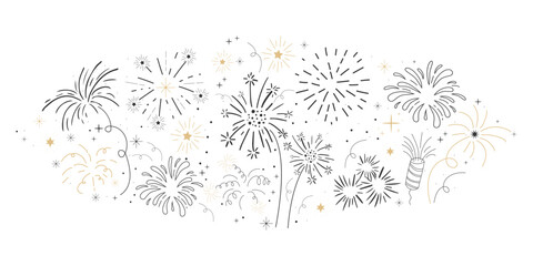 Sticker - Fireworks, firecracker festive explosion golden bursts, sparks in doodle style border. Holiday celebration decoration. Rocket, star carnival banner, decoration.
