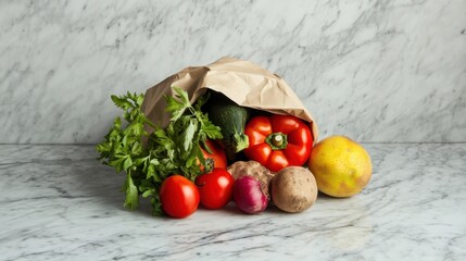 Poster - Fruits and vegetables in a paper bag on a marble surface providing ample space for copy or design