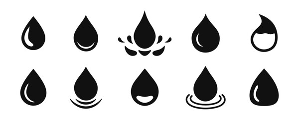 Water drop black icon. Droplet water shapes logo, collection. Vector