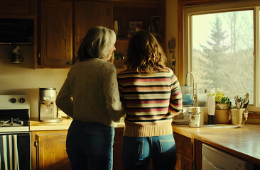 A warm and cozy kitchen with two women standing and talking, one with her back to the viewer.