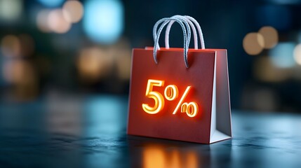 Shiny 3D percent icon with swirling neon lightning and shopping bags on a dark reflective surface  Represents online shopping e commerce sales and discounts in a modern abstract and futuristic design