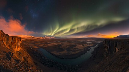 Wall Mural - silhouette of a hiker admiring the view sky with stars and green aurora borealis. northern lights
