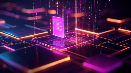 Abstract visualization of OTT platform interacting with a programmatic ad engine, colorful algorithm flows, OTT programmatic buying, creative tech strategy