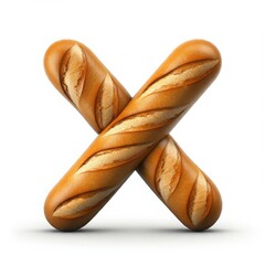 Letter X designed from realistic baguette bread on a clean white background, ideal for bakery advertising, food typography, and artisanal bread-themed graphic designs.