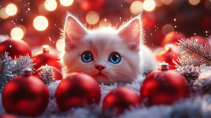 Wall Mural - Cute white blue-eyed kitten among red Christmas balls