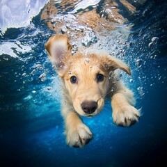 A dog puppy diving in blue water
