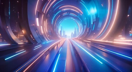 Wall Mural - futuristic cityscape through a glowing blue tunnel abstract background animation 4k