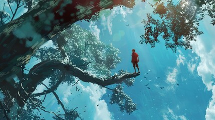 Canvas Print - A Person Standing on a Branch Looking Up at the Sky