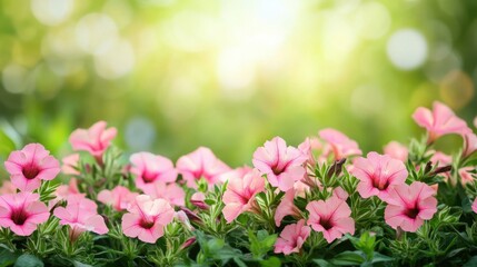 Poster - Close-up of pink petunia flowers against a green background offering space for copy