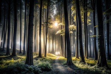 Poster - Captivating Black and White Forest Architectural Photography - Stunning Landscape, Nature, Trees, Shadows, Light, Contrast, Monochrome Beauty, Timeless Aesthetic, Serene Environment