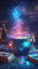 Colorful Magical Cauldron with Bubbling Potions