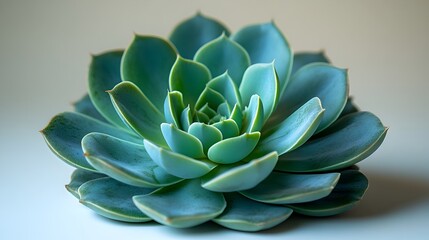Leinwandbilder - Closeup of a vibrant green succulent plant with overlapping leaves and intricate patterns. The succulent is displayed in natural lighting,showcasing its delicate texture and lush,organic appearance.