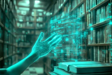 A futuristic library where students control holographic books with hand gestures, Scifi, Cool tones, 3D illustration