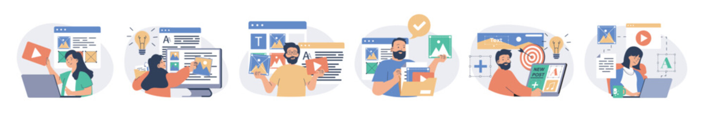 Fototapete - Content manager concept set with characters in flat design for web. People filling sites with images and graphics, writing articles for publication, making posts in online blog. Vector illustrations.