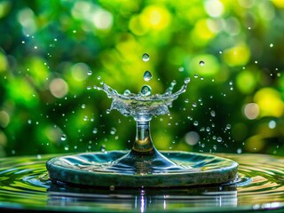 Sticker - Captivating Portrait of Water Drops Falling Against Lush Green Background with Close-Up Fountain Splashes, Evoking Nature's Beauty and Serenity for Stunning Visuals