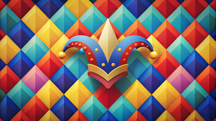 mardi gras jester hat on colorful harlequin pattern background