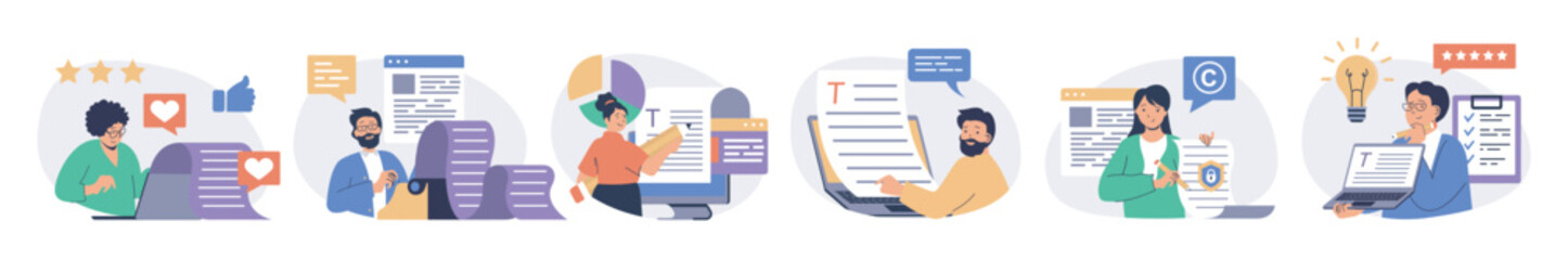Leinwandbilder - Copywriter concept set with characters in flat design for web. People working as online journalists, writing articles for publication, making information posts in social media. Vector illustrations.