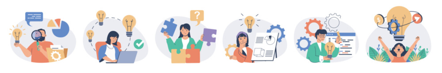 Aufkleber - Creative business concept set with characters in flat design for web. People thinking and finding best solutions, brainstorming with inspiration, develop company with innovation. Vector illustrations.