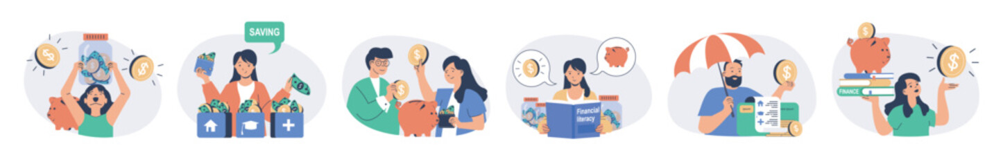 Poster - Financial literacy concept set with characters in flat design for web. People saving money in piggy bank, managing personal finance, investing money and using banking services. Vector illustrations.