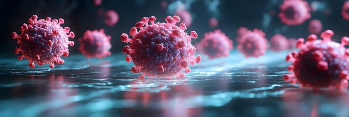 Aufkleber - Detailed microscopic view of red and pink coronavirus molecules or pathogens floating in a blue liquid with an abstract,textured background. Concept of the current global COVID-19 pandemic.