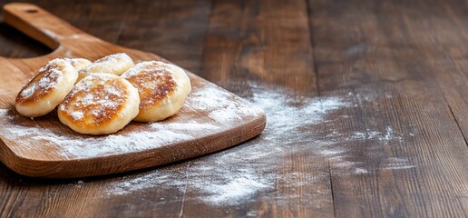 closeup of four round, golden brown, sweet cheese pancakes on a wooden cutting board dusted with pow