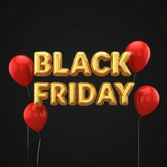 Gold Black Friday balloon text with red balloons on dark background. Ideal for holiday sale promotions, retail marketing, banners, or social media advertisements for Black Friday deals and discounts. 