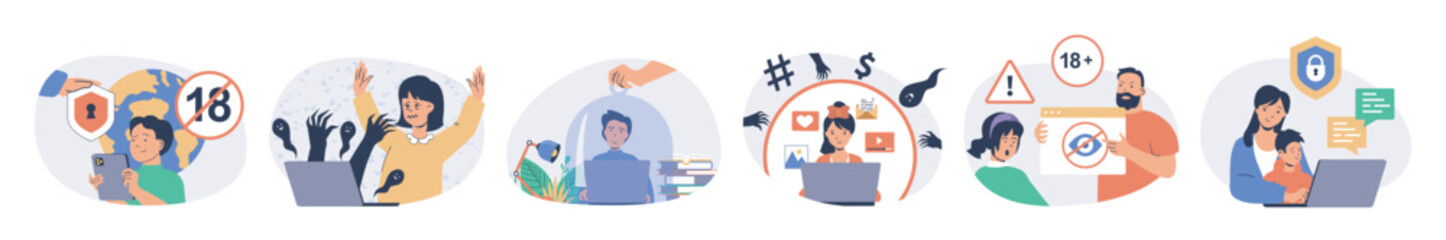 Fototapete - Internet cyber safety for kids concept set with characters in flat design for web. People protecting children online privacy with parental control software, block danger content. Vector illustrations.