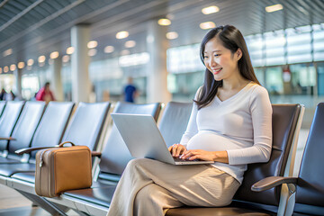 Wall Mural - Happy asian pregnant woman Using Laptop While Sitting On Bench at airport terminal