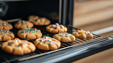 Freshly baked cookies with colorful sprinkles in an oven, golden brown and delicious.