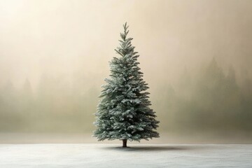 Canvas Print - A Single Frosted Pine Tree in a Snowy Landscape