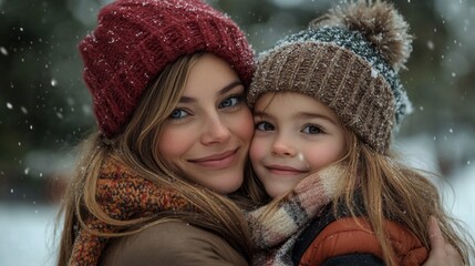 Wall Mural - Two women wearing hats and scarves are hugging each other in the snow