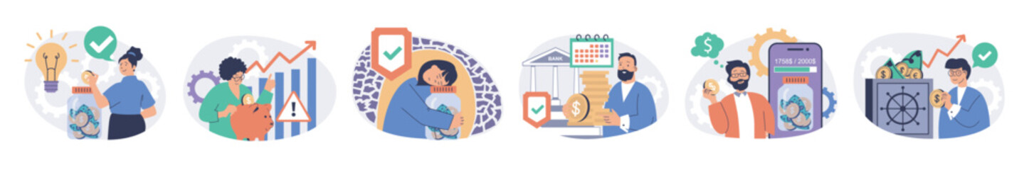 Poster - People saving money concept set with characters in flat design for web. Man and woman planning budget, managing personal finance, investing and doing deposit and getting profit. Vector illustrations.