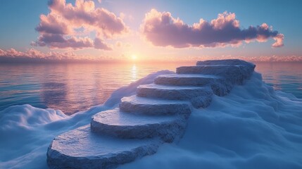 Canvas Print - A beautiful sunset over the ocean with a staircase leading up to the water