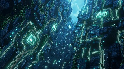 Aufkleber - Unveiling ancient ruins entwined with digital vines a journey through a glowing futuristic landscape of the past