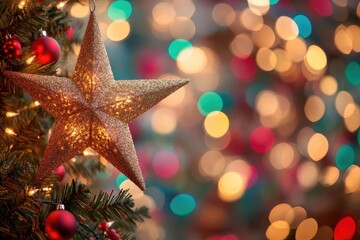 Poster - A Glittering Gold Star Ornament Hanging on a Christmas Tree with Blurred Lights in the Background