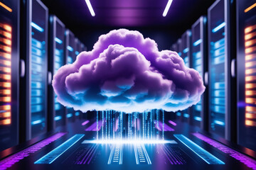 Cloud computing concept with binary code and server room. 3D Rendering