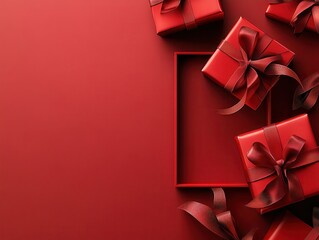 Elegant red gift boxes with ribbons arranged on a seamless red background, perfect for portraying festive occasions and celebrations like Christmas or Valentine's Day