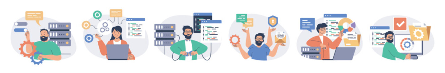 Fototapete - System administrator concept set with characters in flat design for web. People monitoring server infrastructure, doing maintenance and technical repair, managing database. Vector illustrations.