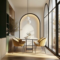 Interior design of modern small dining room with arched window. Created with