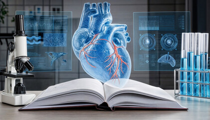 Book on the white table. Human heart hologram. Medical healthcare technology future science, medicine, experiments, library. High-tech technologies. Artificial intelligence AI. Futuristic 3d render