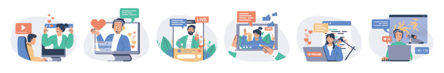 Leinwandbilder - Video streaming concept set with characters in flat design for web. People watching blogger live translation or video, following, creating blog contents and record podcasts. Vector illustrations.