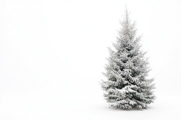 Poster - A Single Snow-Covered Evergreen Tree Against a White Background