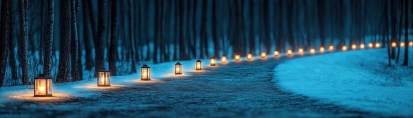 Snowy path illuminated by lanterns amidst dark trees in a serene winter landscape.