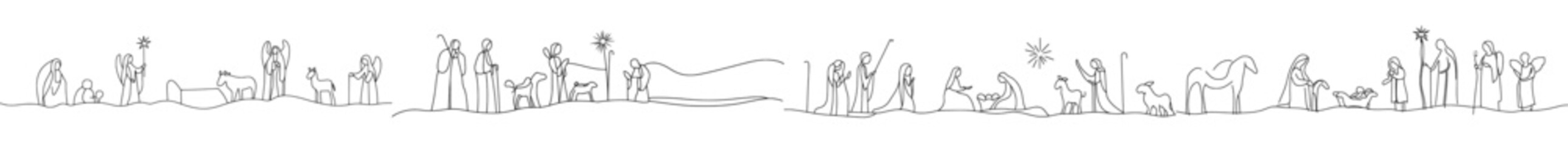 Poster - One line drawing of the holy family from the Bible. Illustration of a modern Christmas scene.